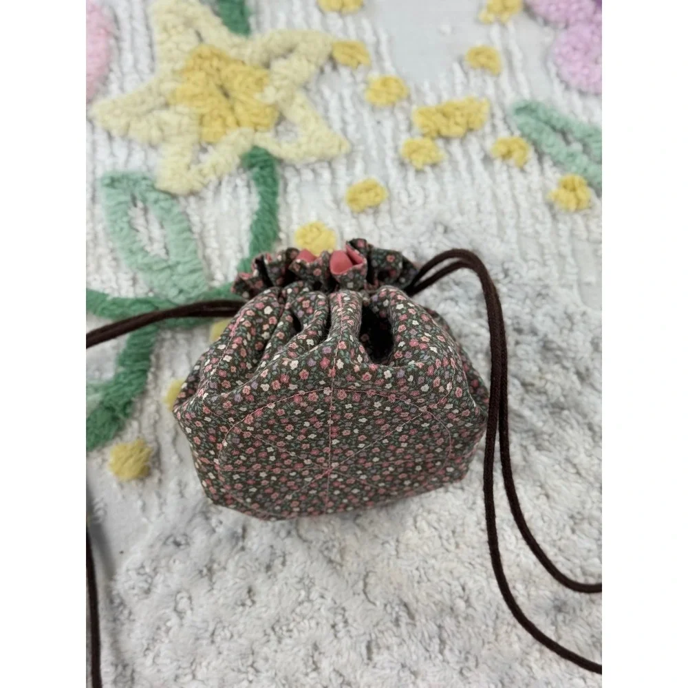 Handmade Floral Drawstring Pouch Jewelry Bag Mauve Ruffle Small Travel Organizer